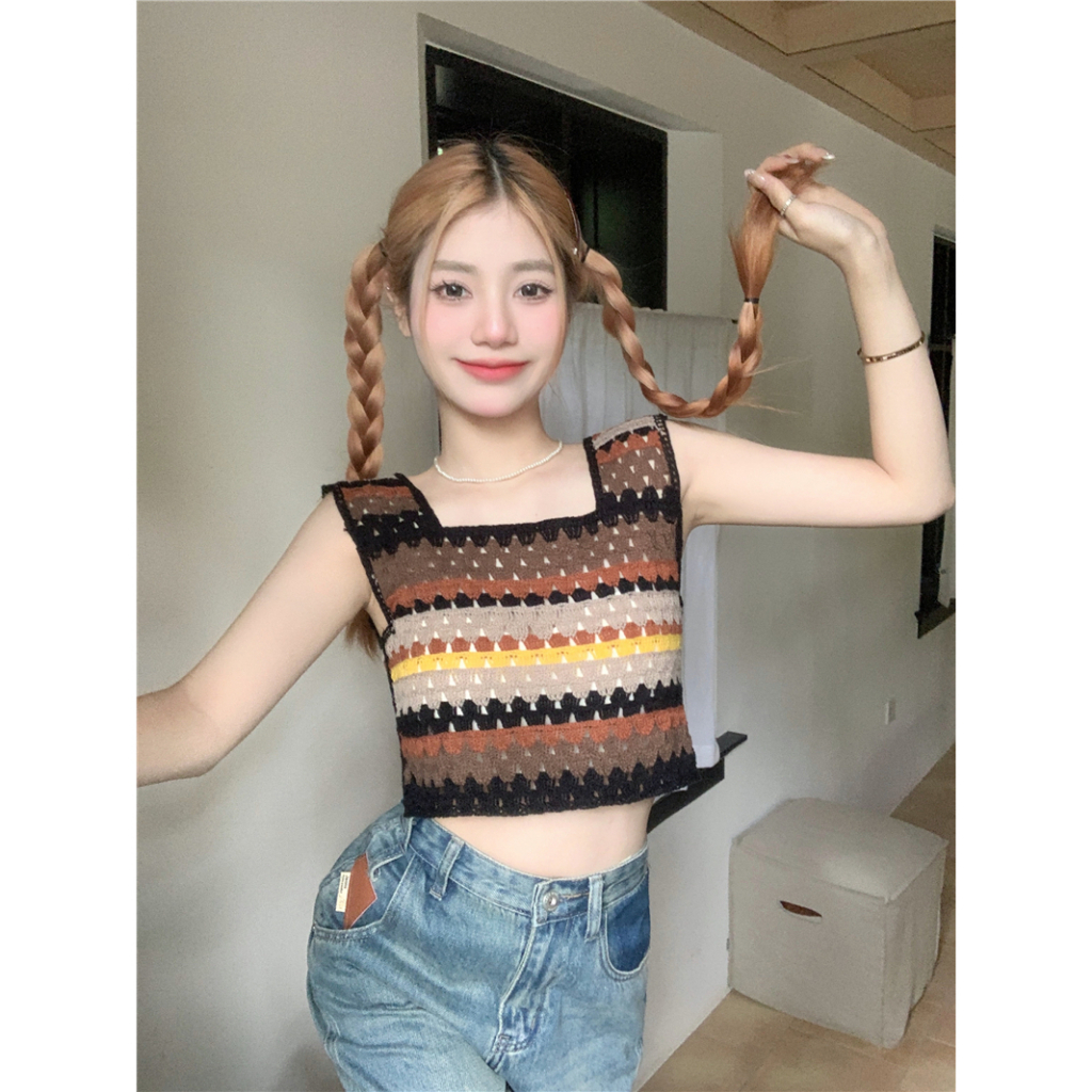 Áo Dệt Kim Hai Dây Kẻ Sọc Nhiều Màu Sắc Phong Cách Hàn Quốc Thời Trang Cho Nữ