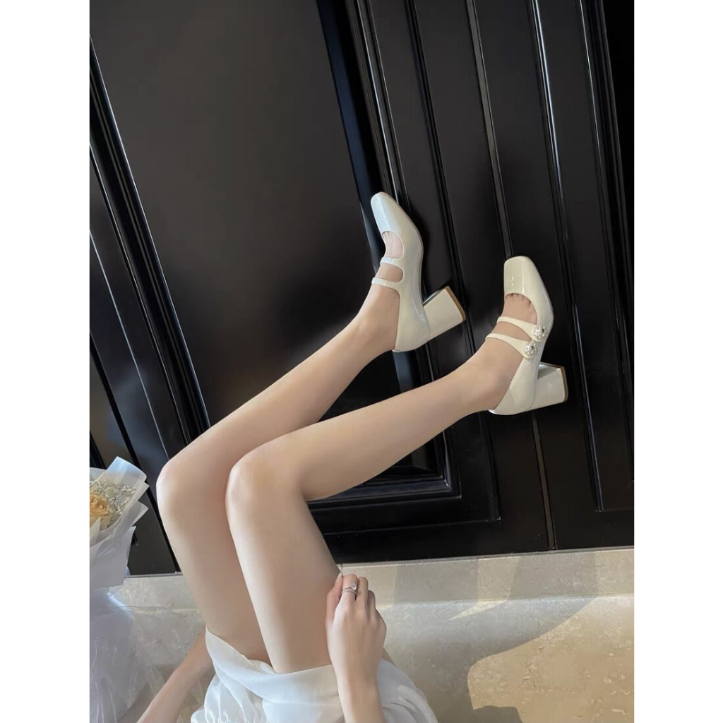 Giày Cao Gót Mũi Vuông Đính Ngọc Trai Thời Trang Dành Cho Nữ