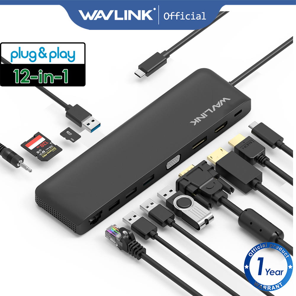 Wavlink USB C 12 trong 1 Hub / Docking Station, Cổng hiển thị bộ chuyển đổi Type-C ba màn hình và VG