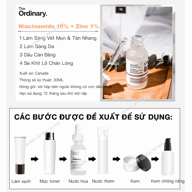 Serum The Ordinary Niacinamide 10% + Zinc 1% Giúp Cân Bằng Bã Nhờn Làm Sáng Da Thu Nhỏ Lỗ Chân Lông 30ml