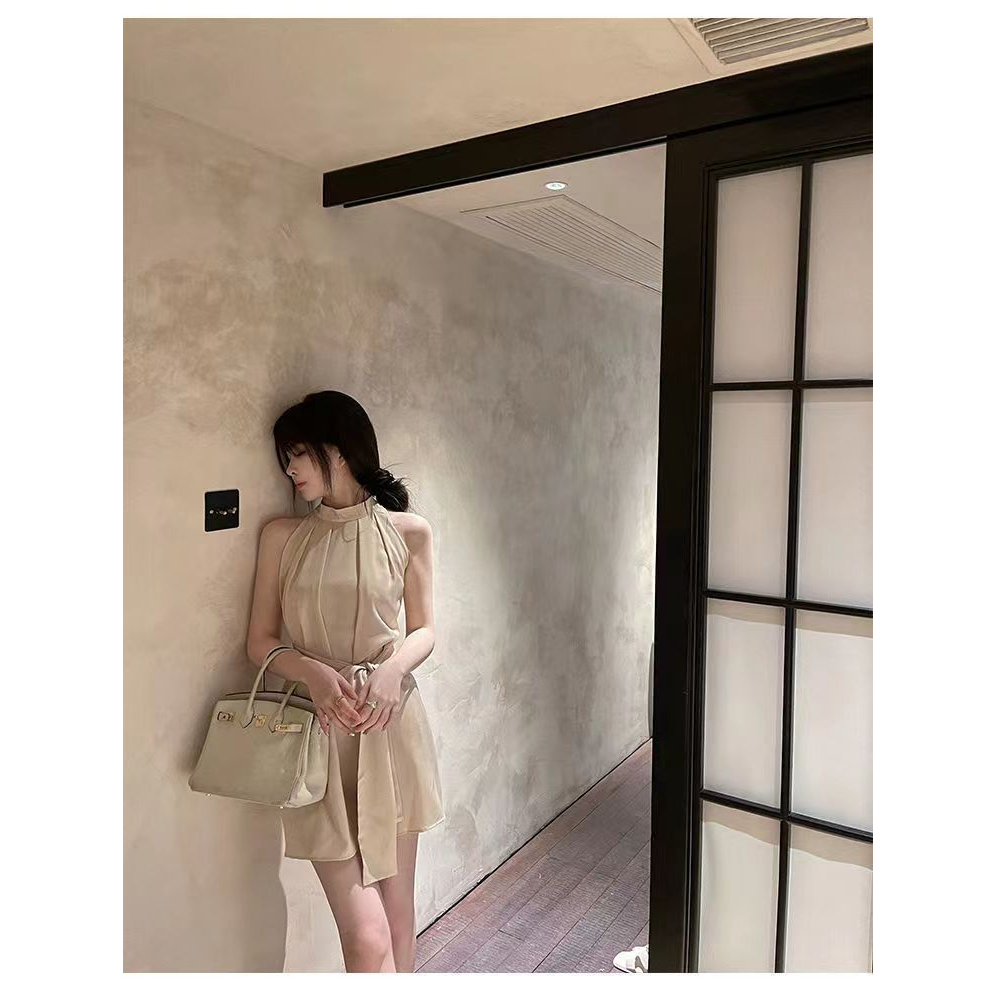 2023 satin high-grade sleeveless dress women's French off-shoulder sexy socialite temperament waist-tied short dress CJJY