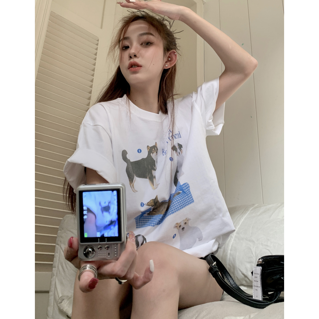 Áo Thun Ngắn Tay Dáng Rộng In Hình Chú Chó Vui Nhộn Thời Trang Cho Nữ