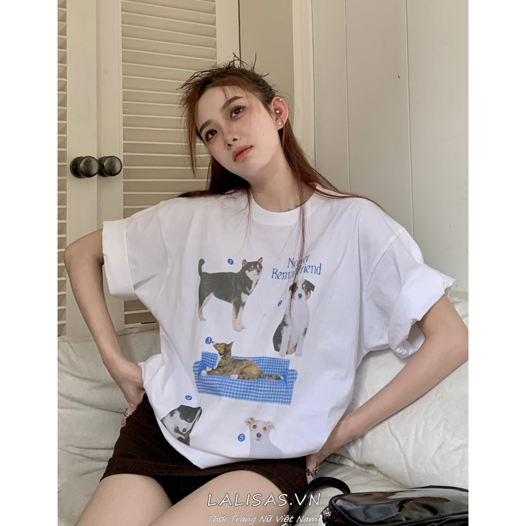 Áo Thun Ngắn Tay Dáng Rộng In Hình Chú Chó Vui Nhộn Thời Trang Cho Nữ