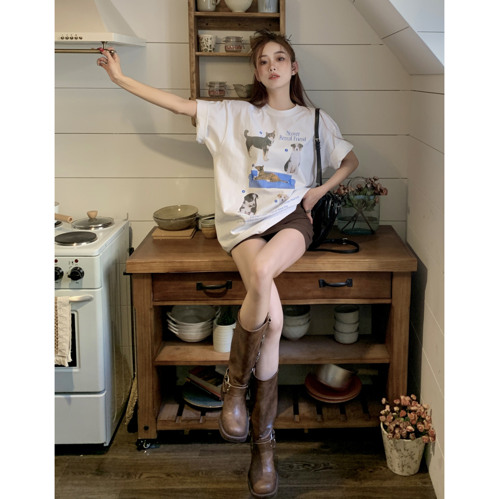 Áo Thun Ngắn Tay Dáng Rộng In Hình Chú Chó Vui Nhộn Thời Trang Cho Nữ