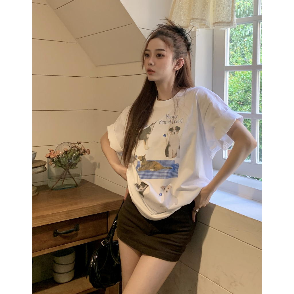 Áo Thun Ngắn Tay Dáng Rộng In Hình Chú Chó Vui Nhộn Thời Trang Cho Nữ