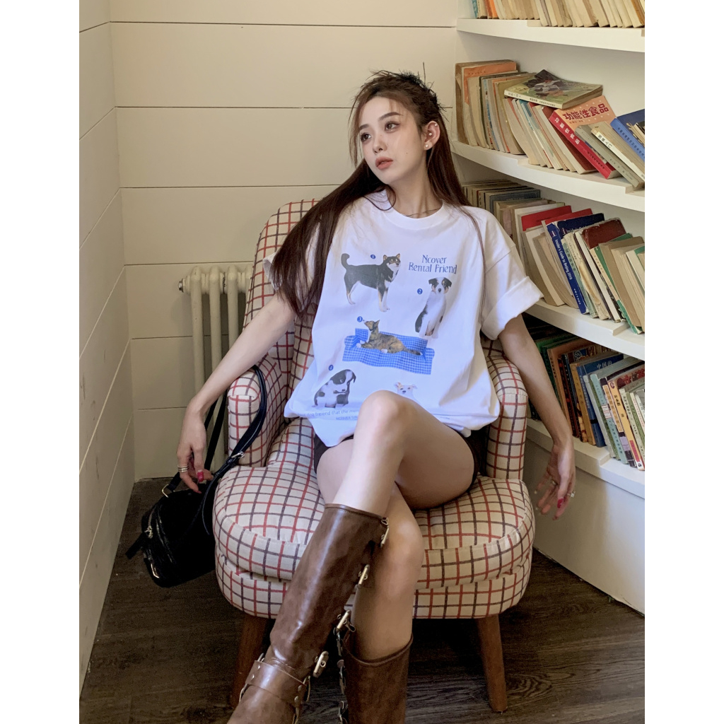 Áo Thun Ngắn Tay Dáng Rộng In Hình Chú Chó Vui Nhộn Thời Trang Cho Nữ