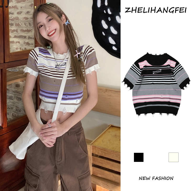 ZHELIHANGFEI Áo Len Tay Ngắn Cổ Tròn Phong Cách Retro Thời Trang Cho Nữ