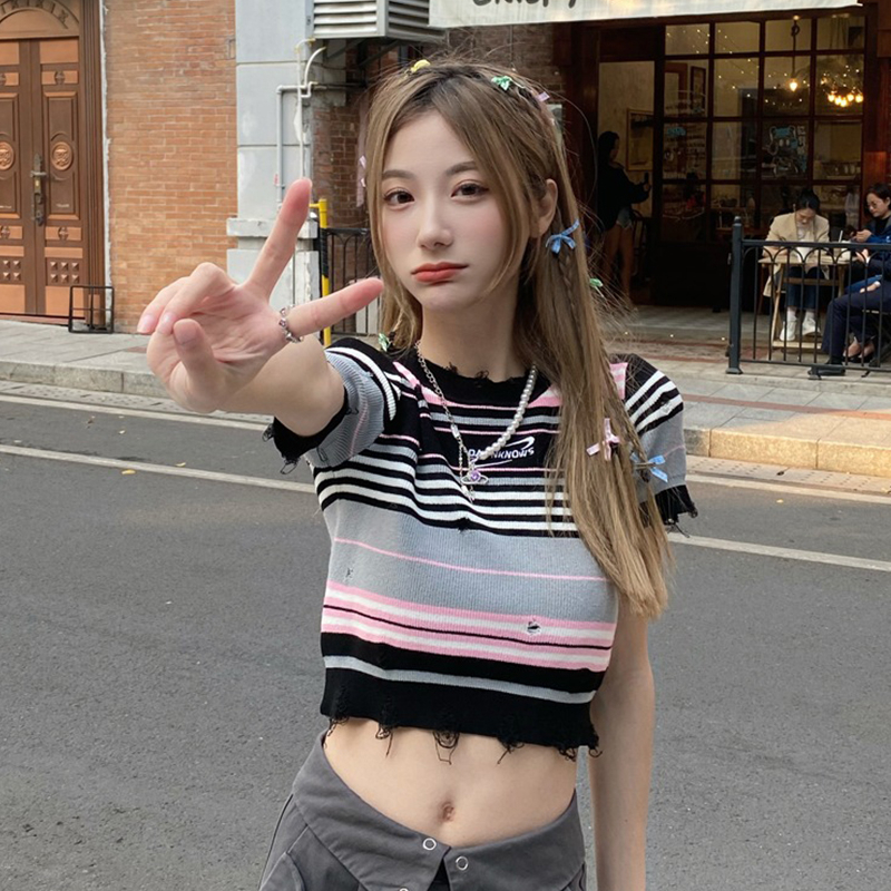 ZHELIHANGFEI Áo Len Tay Ngắn Cổ Tròn Phong Cách Retro Thời Trang Cho Nữ