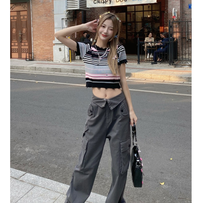 ZHELIHANGFEI Áo Len Tay Ngắn Cổ Tròn Phong Cách Retro Thời Trang Cho Nữ