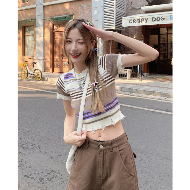 ZHELIHANGFEI Áo Len Tay Ngắn Cổ Tròn Phong Cách Retro Thời Trang Cho Nữ