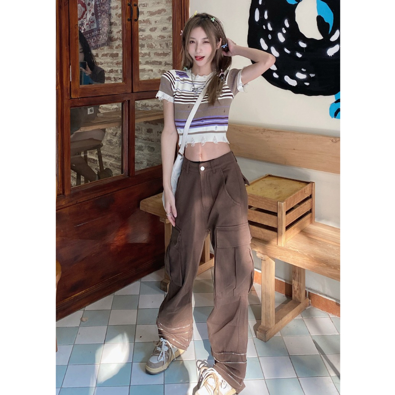 ZHELIHANGFEI Áo Len Tay Ngắn Cổ Tròn Phong Cách Retro Thời Trang Cho Nữ