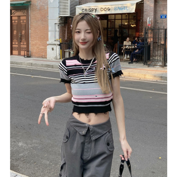 ZHELIHANGFEI Áo Len Tay Ngắn Cổ Tròn Phong Cách Retro Thời Trang Cho Nữ