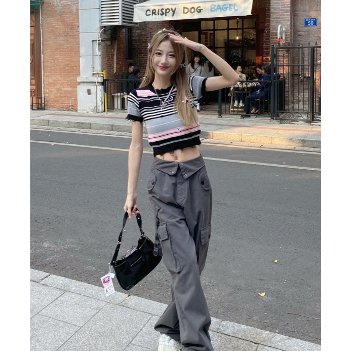 ZHELIHANGFEI Áo Len Tay Ngắn Cổ Tròn Phong Cách Retro Thời Trang Cho Nữ