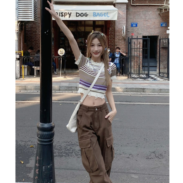 ZHELIHANGFEI Áo Len Tay Ngắn Cổ Tròn Phong Cách Retro Thời Trang Cho Nữ