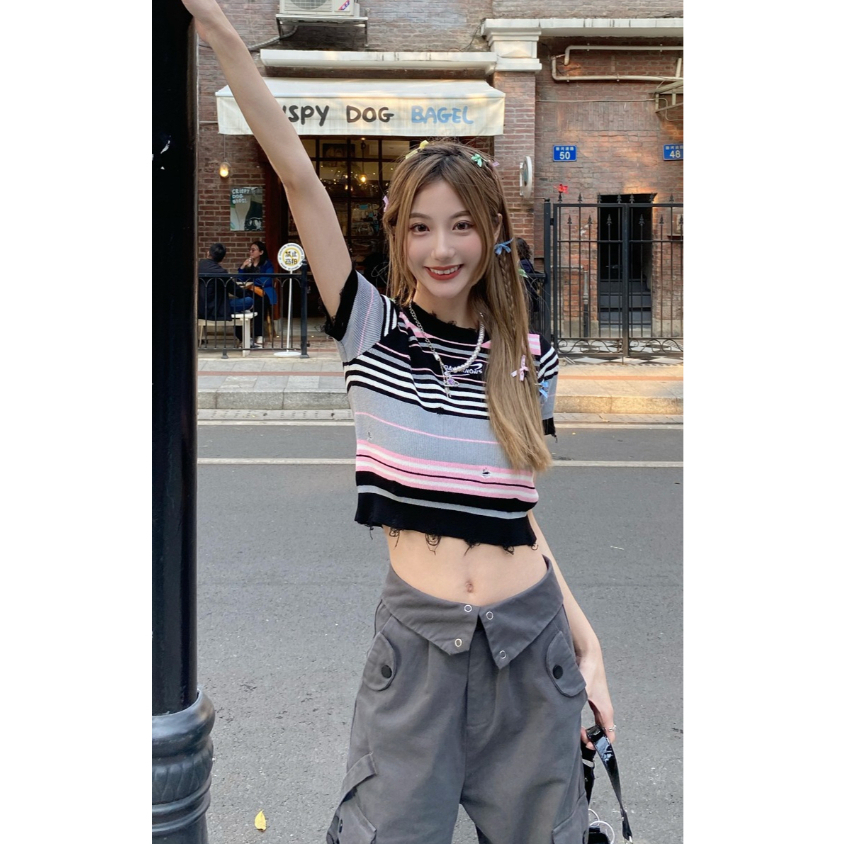 ZHELIHANGFEI Áo Len Tay Ngắn Cổ Tròn Phong Cách Retro Thời Trang Cho Nữ