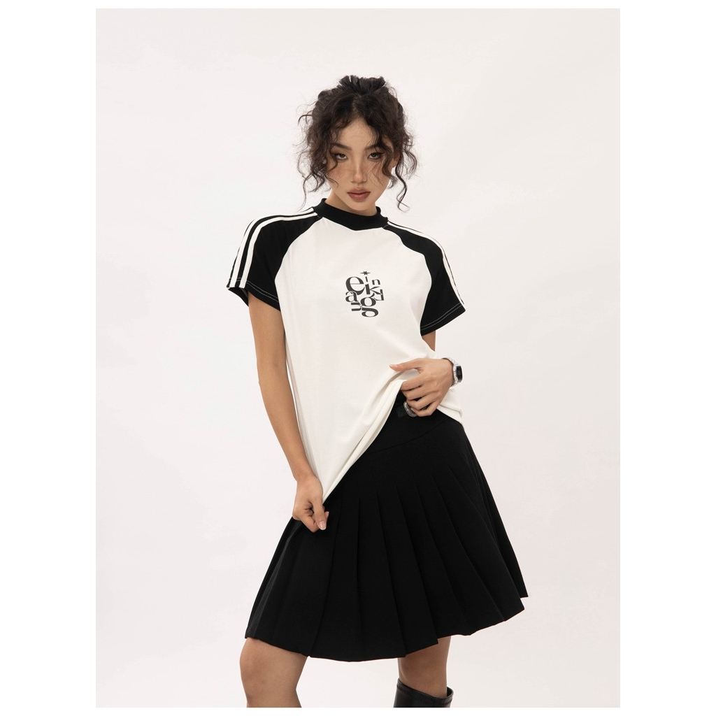 Áo Thun Tay Ngắn Raglan Màu Sắc Tương Phản Phong Cách Mỹ Thời Trang Mùa Hè 2023 Mới Cho Nữ