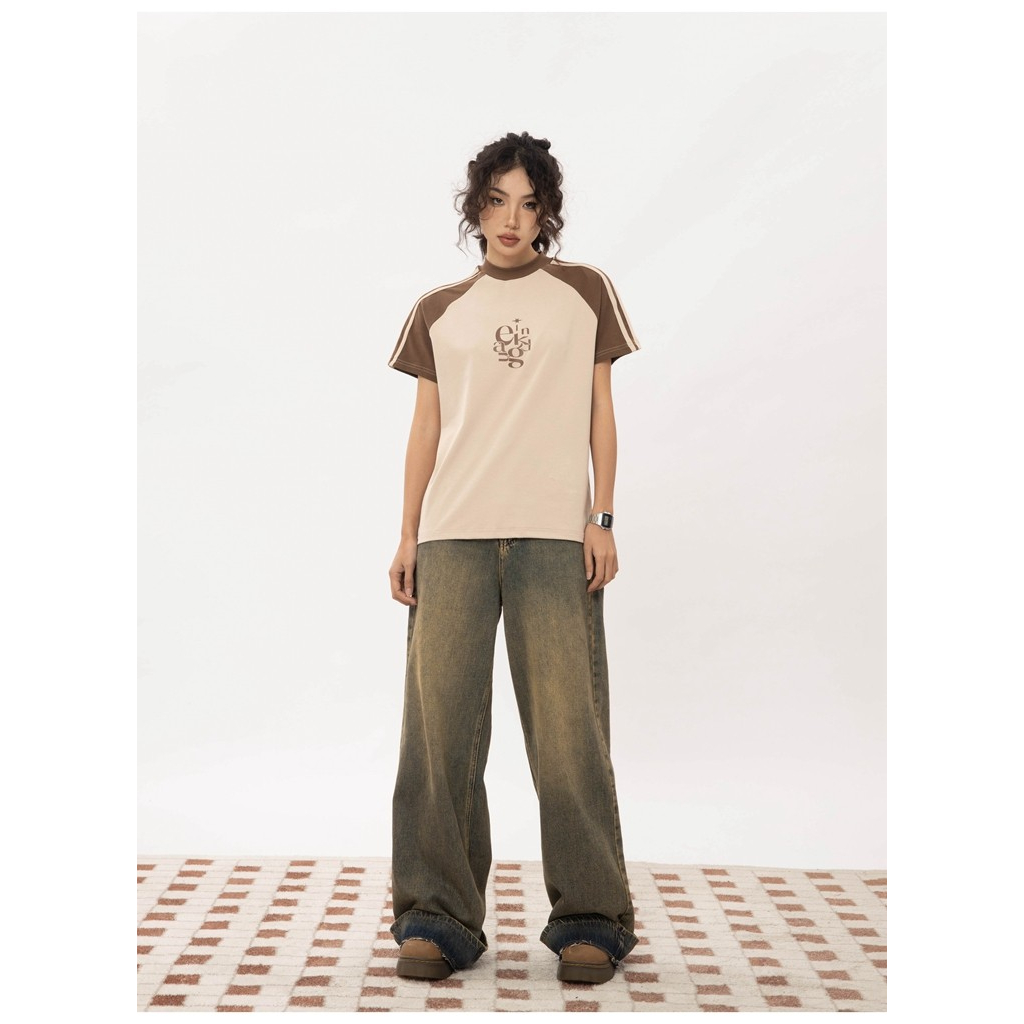 Áo Thun Tay Ngắn Raglan Màu Sắc Tương Phản Phong Cách Mỹ Thời Trang Mùa Hè 2023 Mới Cho Nữ