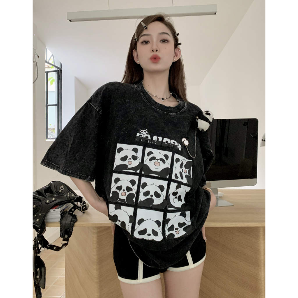 Lalisas Áo Thun Tay Ngắn Dáng Rộng In Hình Gấu Trúc Đen Giặt Được Thời Trang Cho Nữ