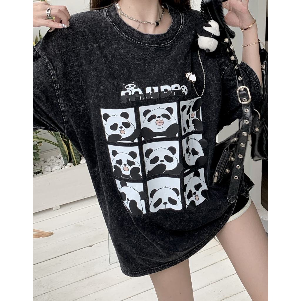 Lalisas Áo Thun Tay Ngắn Dáng Rộng In Hình Gấu Trúc Đen Giặt Được Thời Trang Cho Nữ