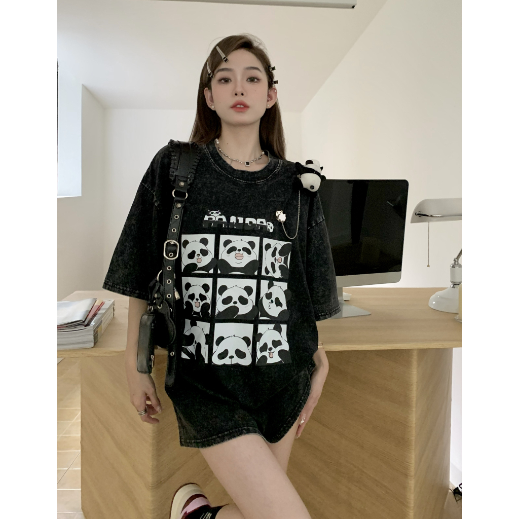 Lalisas Áo Thun Tay Ngắn Dáng Rộng In Hình Gấu Trúc Đen Giặt Được Thời Trang Cho Nữ