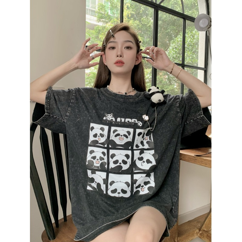 Lalisas Áo Thun Tay Ngắn Dáng Rộng In Hình Gấu Trúc Đen Giặt Được Thời Trang Cho Nữ