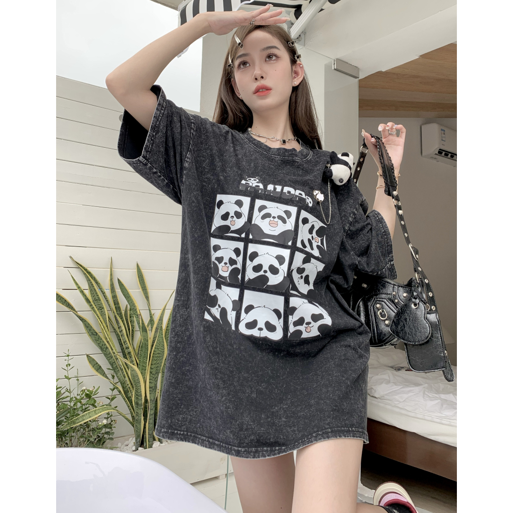 Lalisas Áo Thun Tay Ngắn Dáng Rộng In Hình Gấu Trúc Đen Giặt Được Thời Trang Cho Nữ