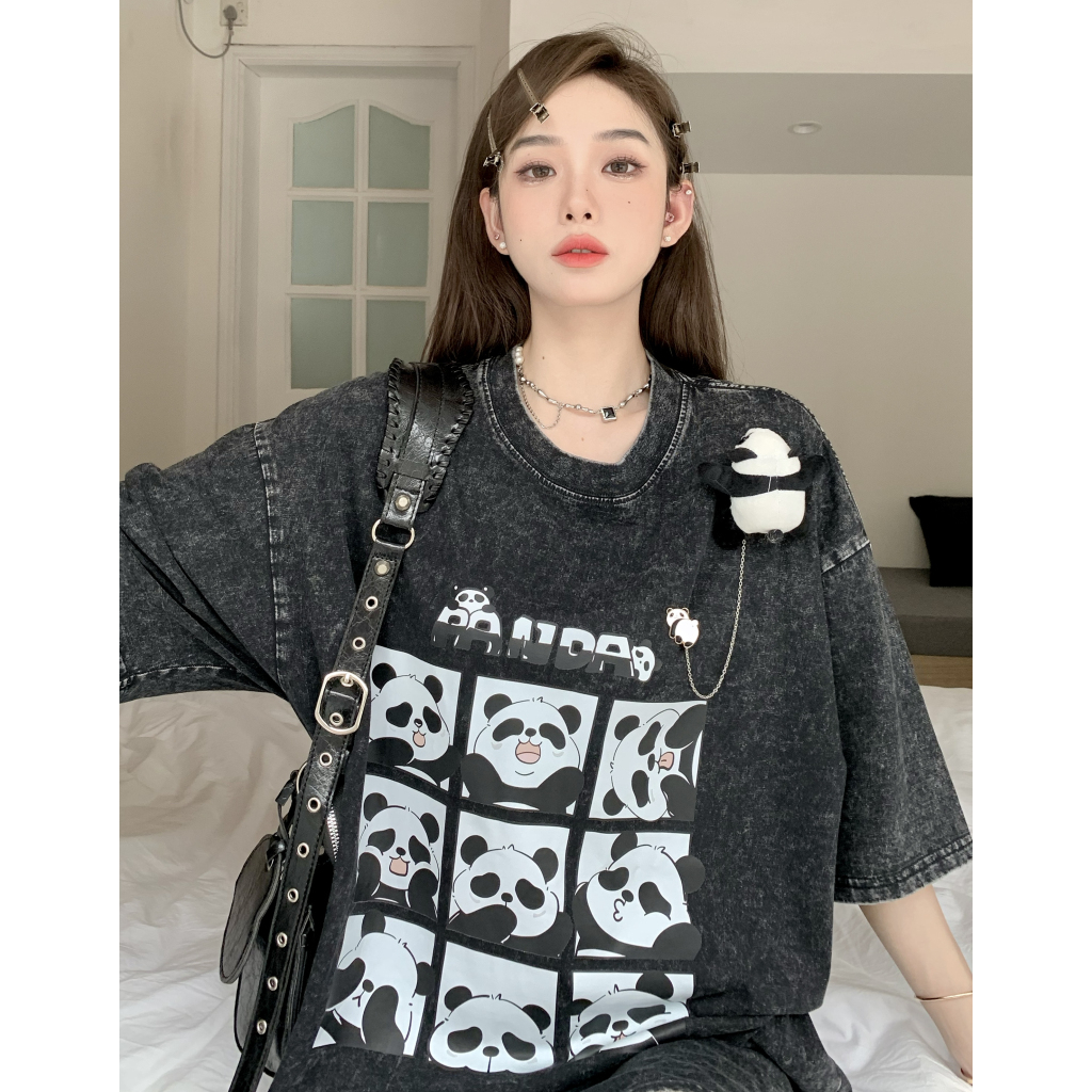 Lalisas Áo Thun Tay Ngắn Dáng Rộng In Hình Gấu Trúc Đen Giặt Được Thời Trang Cho Nữ