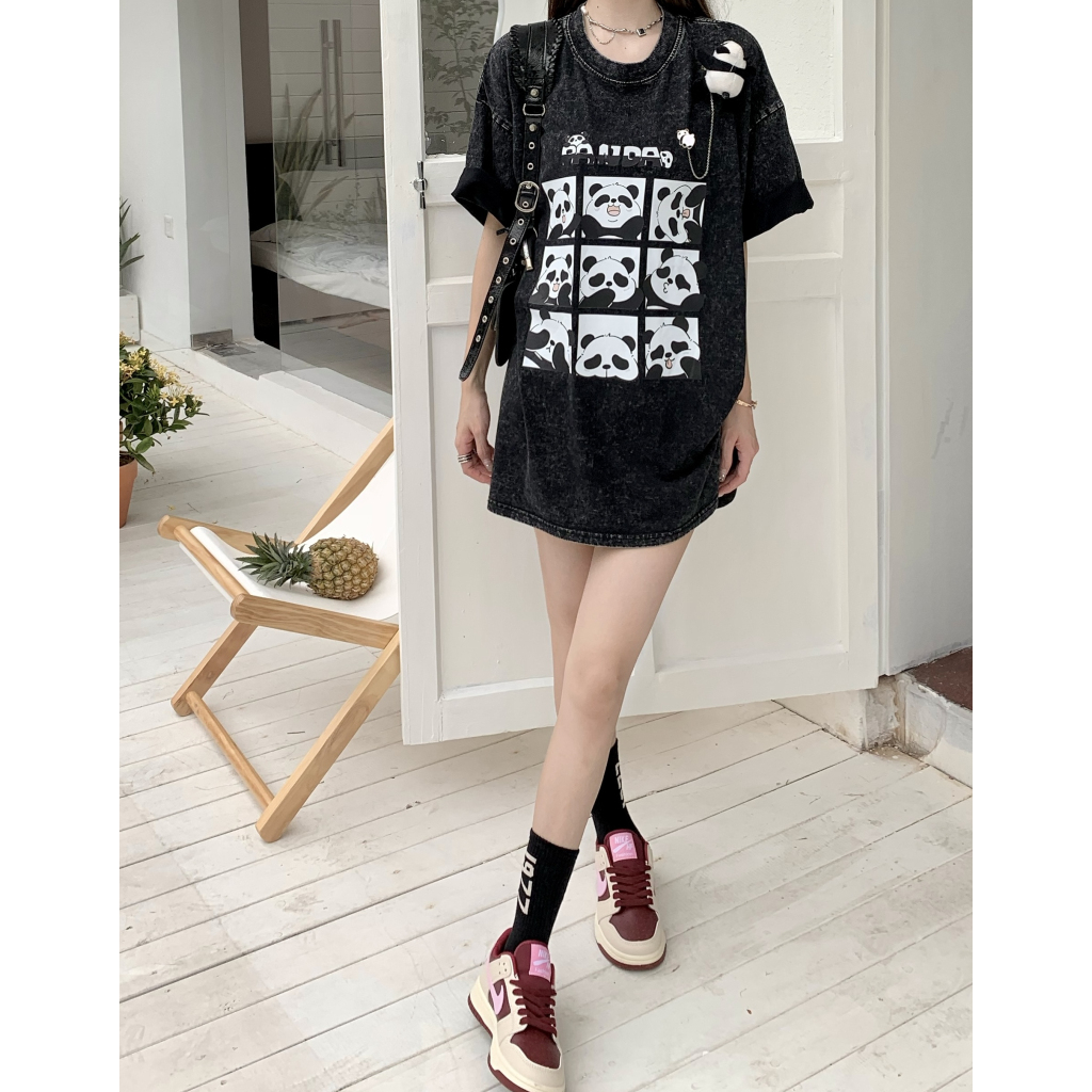 Lalisas Áo Thun Tay Ngắn Dáng Rộng In Hình Gấu Trúc Đen Giặt Được Thời Trang Cho Nữ