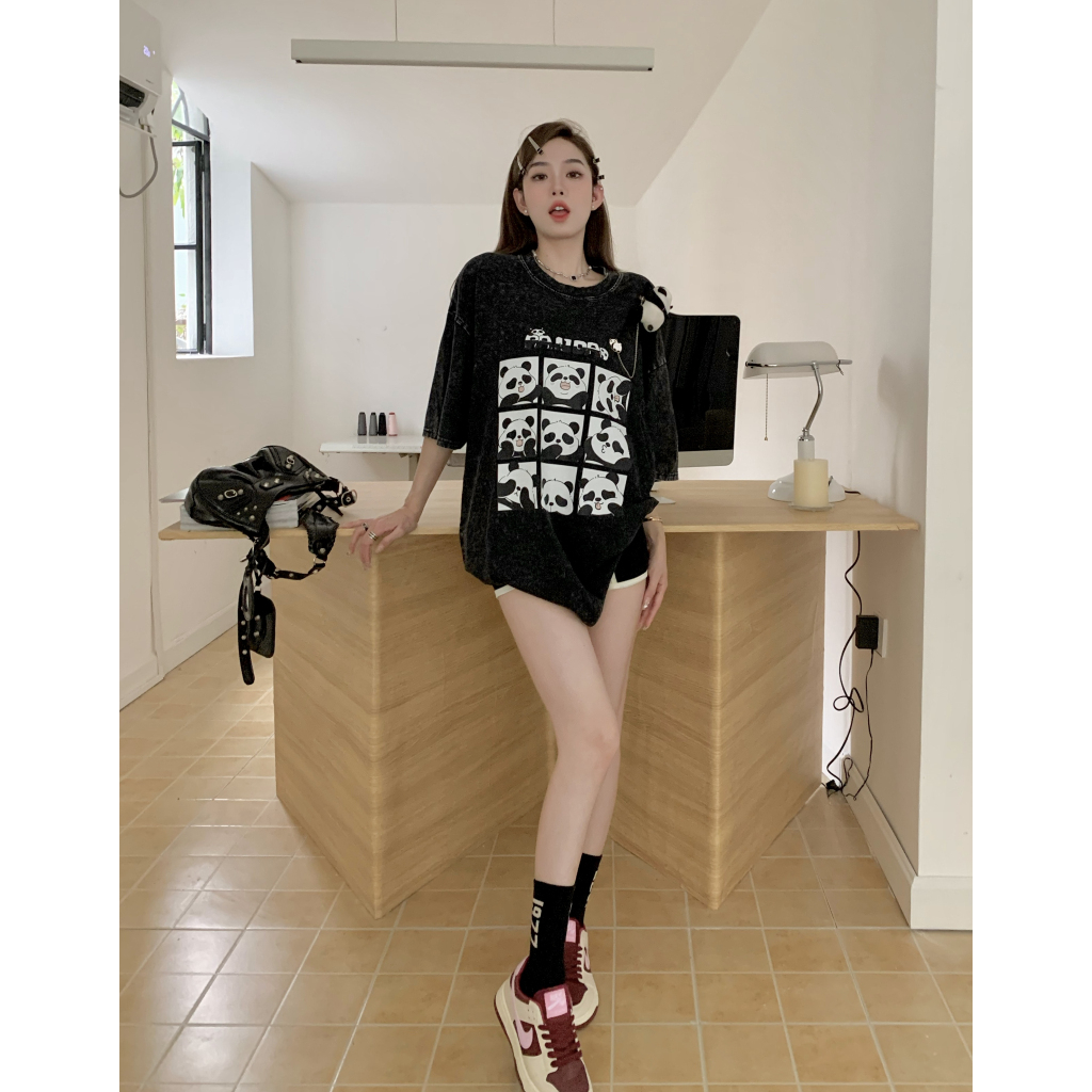 Lalisas Áo Thun Tay Ngắn Dáng Rộng In Hình Gấu Trúc Đen Giặt Được Thời Trang Cho Nữ