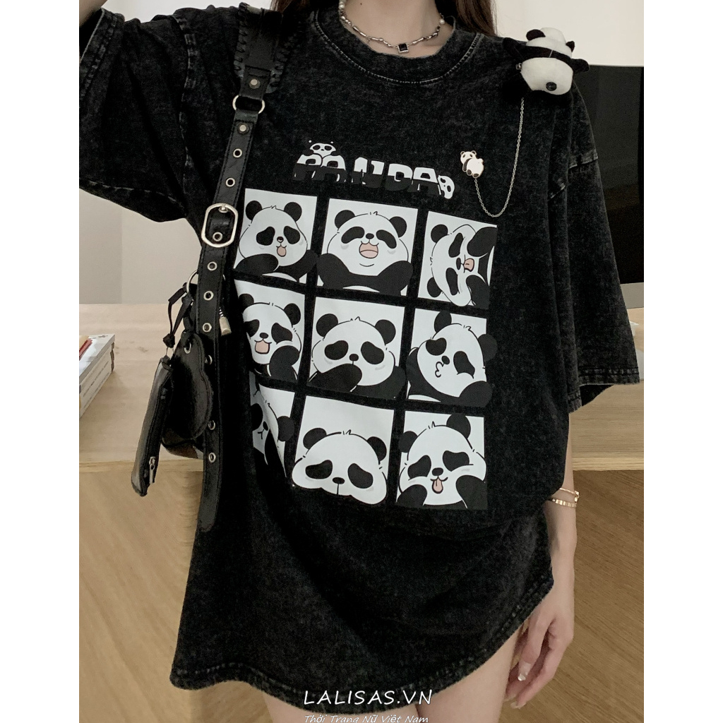 Lalisas Áo Thun Tay Ngắn Dáng Rộng In Hình Gấu Trúc Đen Giặt Được Thời Trang Cho Nữ