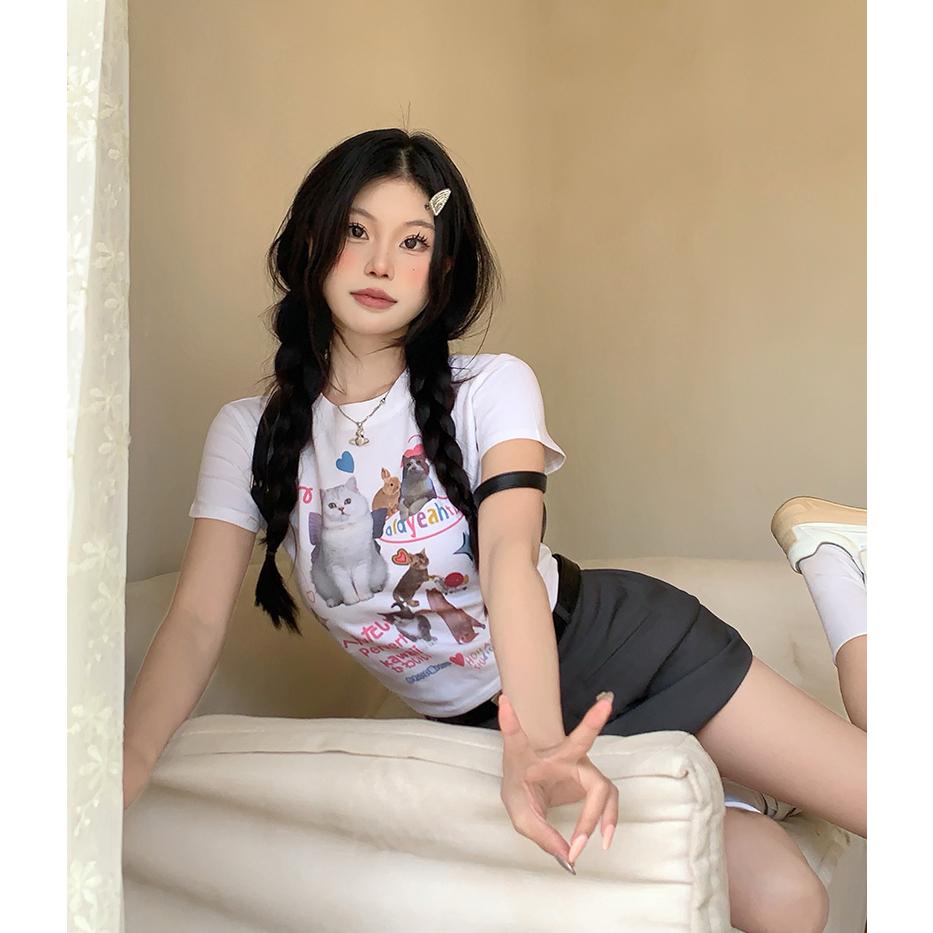 ZHELIHANGFEI Áo Thun Tay Ngắn Dáng Ôm In Hình Mèo Dễ Thương Thời Trang Mùa Hè Cho Bạn Gái