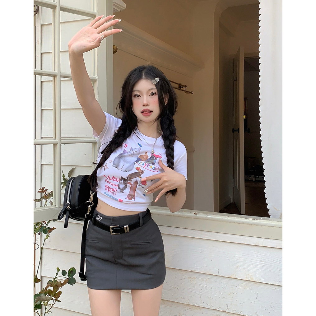 ZHELIHANGFEI Áo Thun Tay Ngắn Dáng Ôm In Hình Mèo Dễ Thương Thời Trang Mùa Hè Cho Bạn Gái