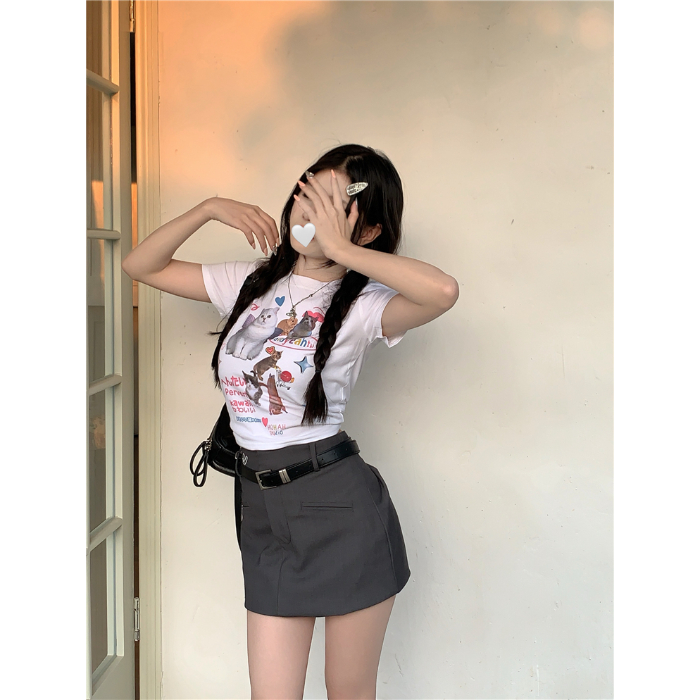 ZHELIHANGFEI Áo Thun Tay Ngắn Dáng Ôm In Hình Mèo Dễ Thương Thời Trang Mùa Hè Cho Bạn Gái