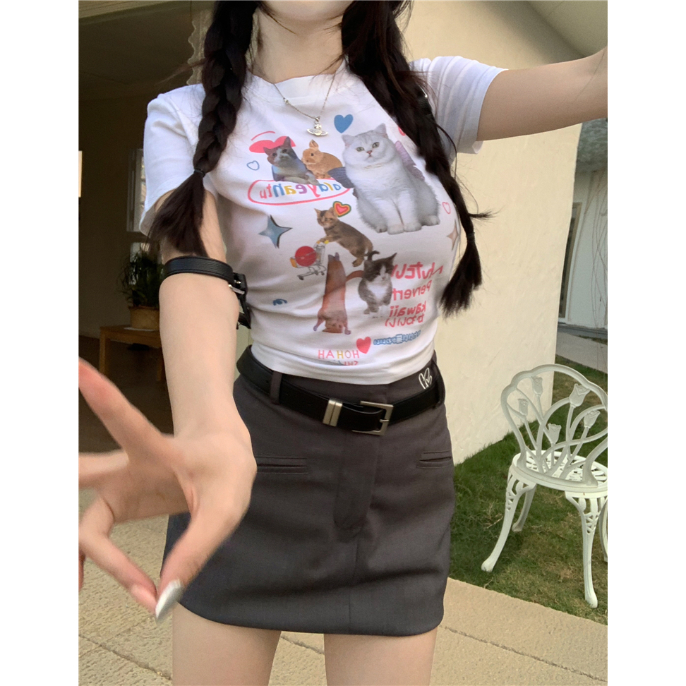 ZHELIHANGFEI Áo Thun Tay Ngắn Dáng Ôm In Hình Mèo Dễ Thương Thời Trang Mùa Hè Cho Bạn Gái