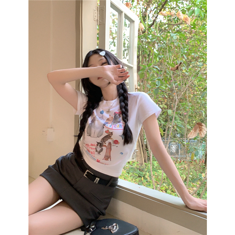 ZHELIHANGFEI Áo Thun Tay Ngắn Dáng Ôm In Hình Mèo Dễ Thương Thời Trang Mùa Hè Cho Bạn Gái