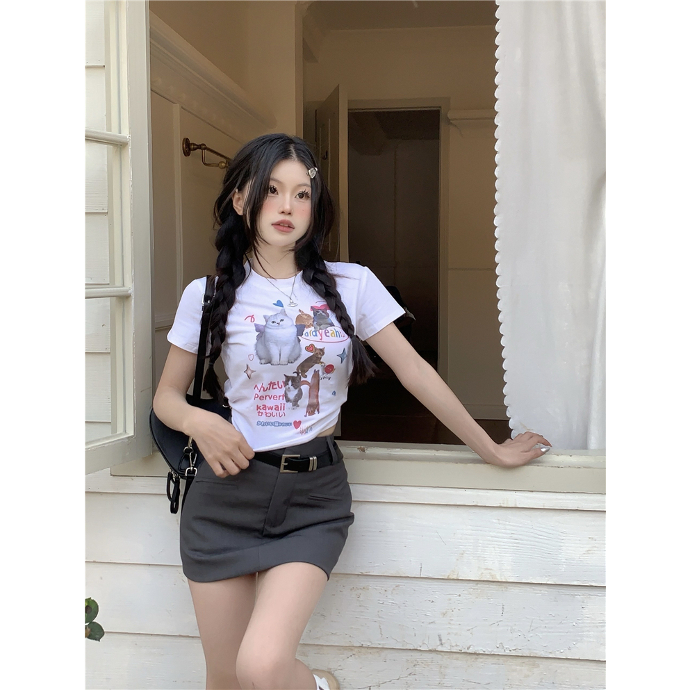 ZHELIHANGFEI Áo Thun Tay Ngắn Dáng Ôm In Hình Mèo Dễ Thương Thời Trang Mùa Hè Cho Bạn Gái