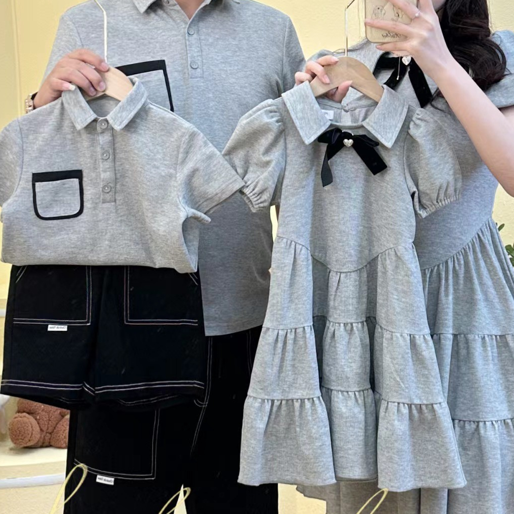 Bộ Áo polo + Đầm Jean Ngắn Phong Cách Hàn Quốc Thời Trang Cho Gia Đình