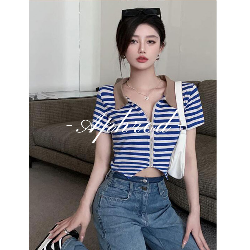 Áo polo Y2K Họa Tiết Sọc Ngang Thời Trang Dành Cho Nữ