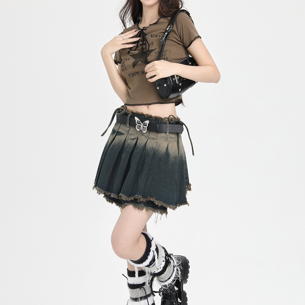 Set Áo Thun Ngắn Tay Cổ Tròn In Hình Ngôi Sao + Chân Váy Jeans Lưng Cao Thời Trang Hàn Cho Nữ