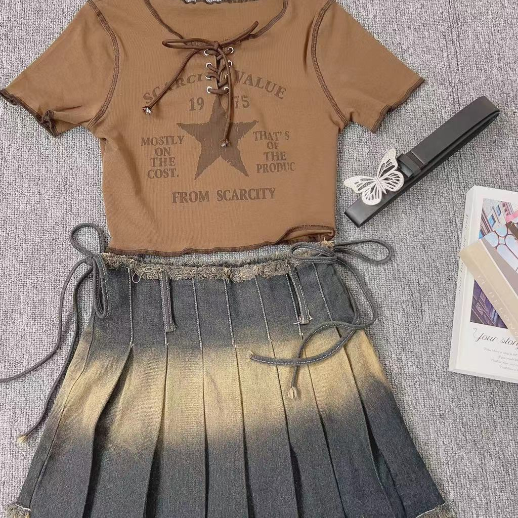 Set Áo Thun Ngắn Tay Cổ Tròn In Hình Ngôi Sao + Chân Váy Jeans Lưng Cao Thời Trang Hàn Cho Nữ