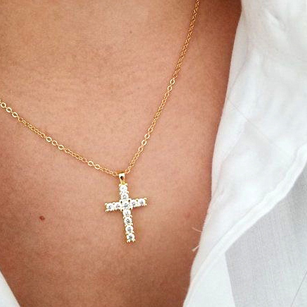 Vòng cổ Thép Vàng 14k Mặt Thánh Giá Đính Đá Zircon Đơn Giản Màu Sắc Cổ Điển Cho Cặp Đôi