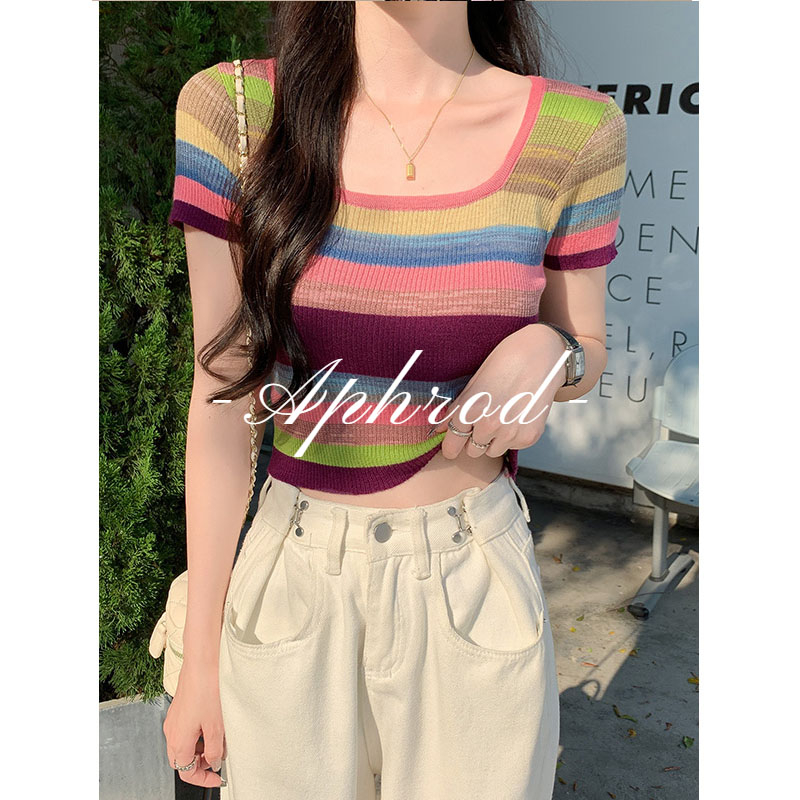 Aphrod Áo Thun Dệt Kim Tay Ngắn Cổ Vuông Bằng Lụa Lạnh Họa Tiết Kẻ Sọc Màu Thuần Khiết Cho Nữ