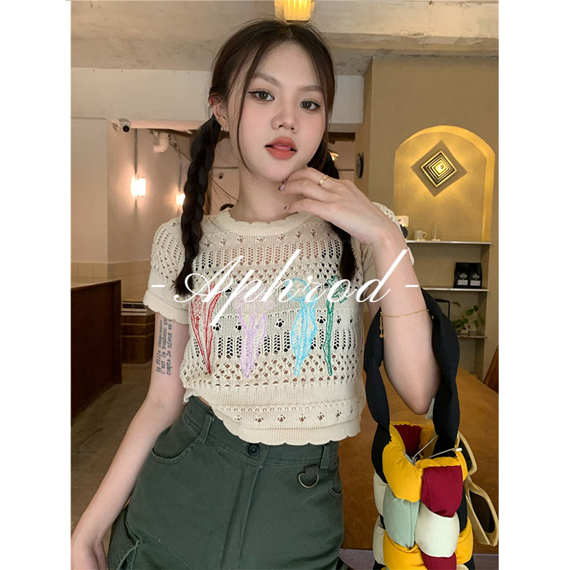 Áo Thun Lửng Đan Len Họa Tiết Hoa Thời Trang Cho Nữ