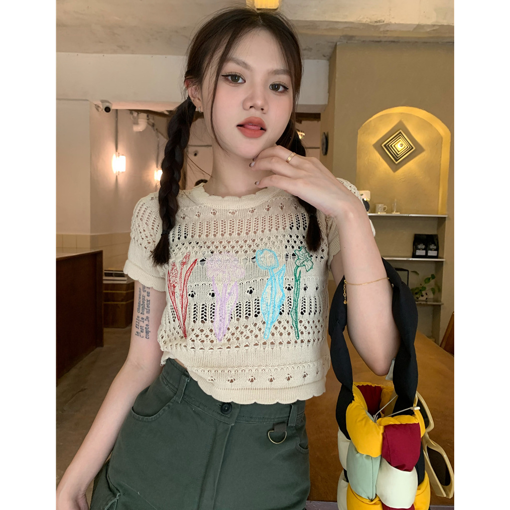 Áo Thun Lửng Đan Len Họa Tiết Hoa Thời Trang Cho Nữ