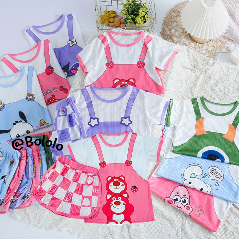 Bololo Bộ Đồ Ngủ Ngắn Tay Họa Tiết Gấu Hoạt Hình Xinh Xắn Dành Cho Bé