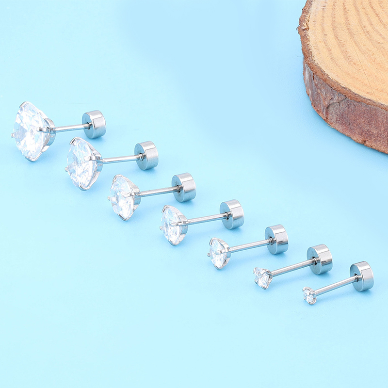 1 Cặp Bông Tai Thép Titan Bạc 925 Đính Đá Zircon 3-8MM Cho Nam Nữ