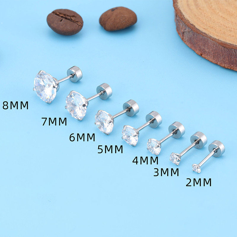 1 Cặp Bông Tai Thép Titan Bạc 925 Đính Đá Zircon 3-8MM Cho Nam Nữ