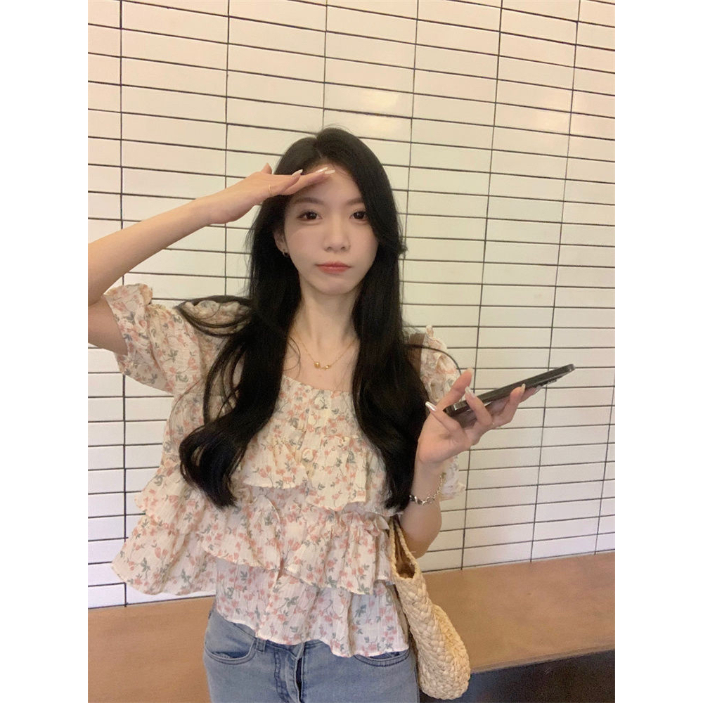 HUANG YOYO Áo Chiffon Tay Ngắn Cổ Vuông In Họa Tiết Hoa Phong Cách Hàn Quốc Thời Trang Mùa Hè Mới Cho Nữ