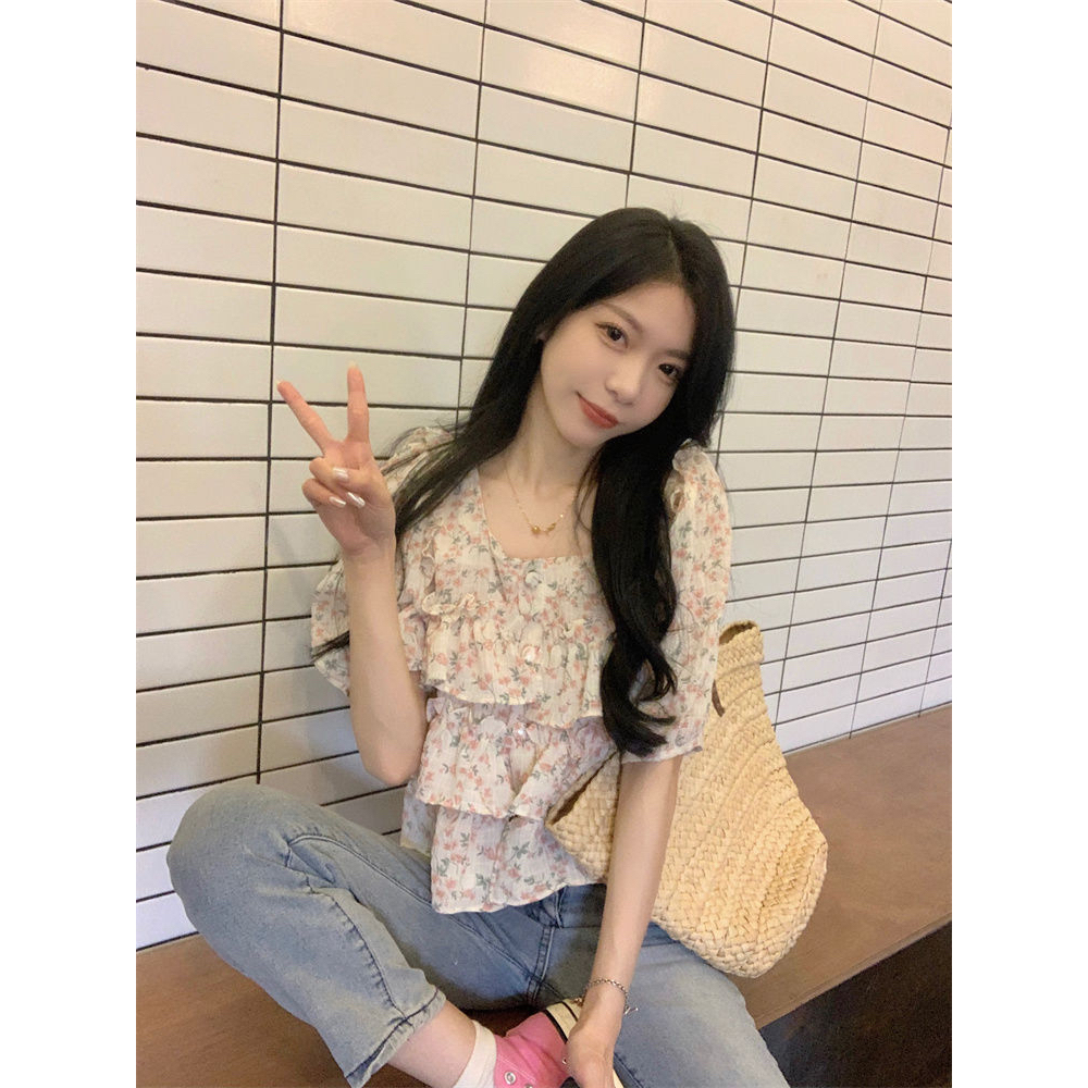 HUANG YOYO Áo Chiffon Tay Ngắn Cổ Vuông In Họa Tiết Hoa Phong Cách Hàn Quốc Thời Trang Mùa Hè Mới Cho Nữ