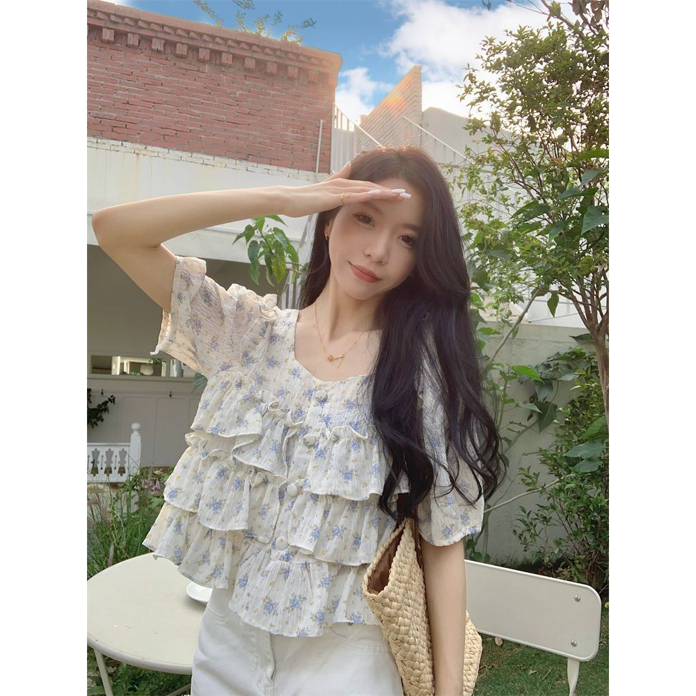 HUANG YOYO Áo Chiffon Tay Ngắn Cổ Vuông In Họa Tiết Hoa Phong Cách Hàn Quốc Thời Trang Mùa Hè Mới Cho Nữ